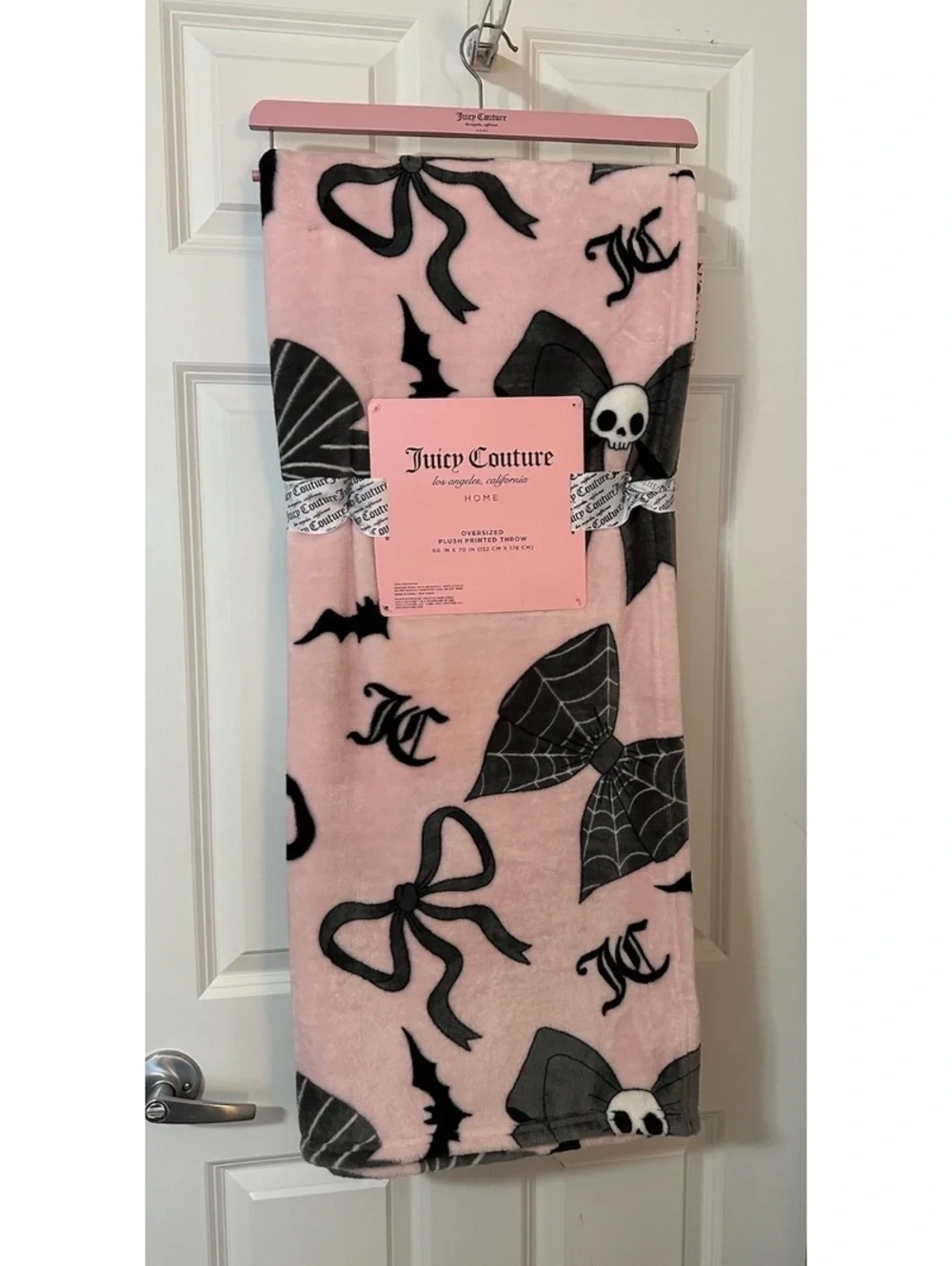 Juicy Couture Oversized Plush Printed Throw Blanket 60x70 Pink with Black Bats